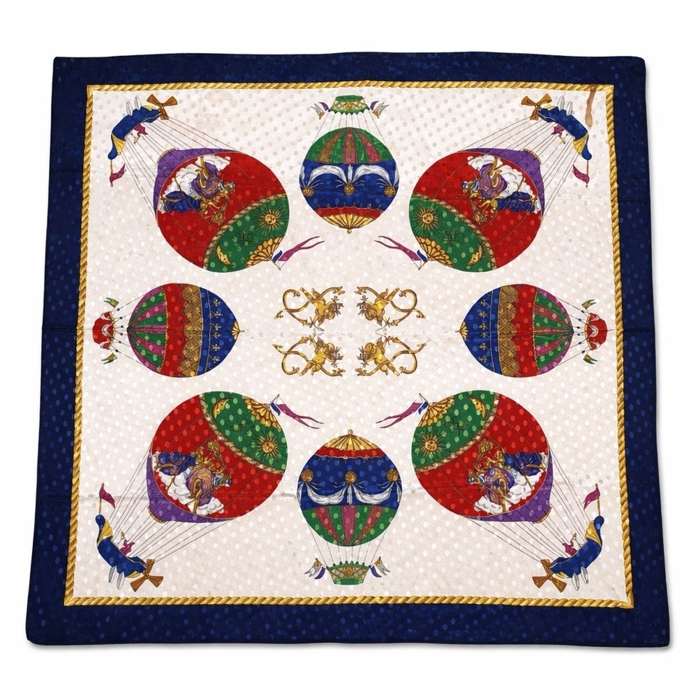 Women's Square Satin Scarf Head Neck Shoulder Tie Hot Air Balloons Blue Red Gold - Picture 2 of 5